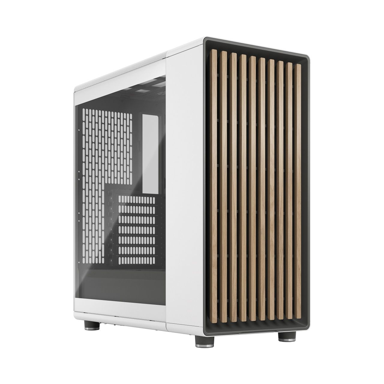 Fractal North Quiet Mid Tower, ATX, front 1x USB-C 3.2 Gen 2x2 / 2x USB-A 3.0, Headphone Out, Mic In, <strong>White with Glass Side Panel</strong>